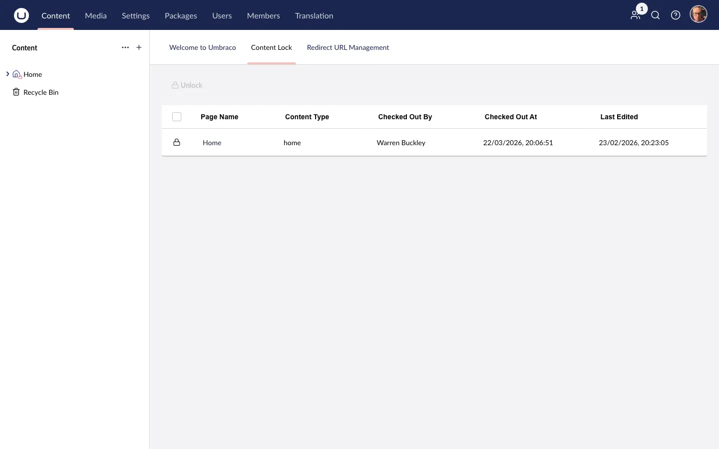 ContentLock dashboard showing a list of locked nodes